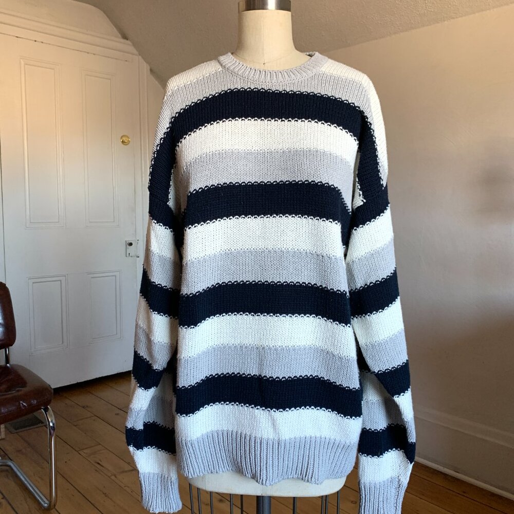 Vintage 80s 90s Liz Claiborne Sweater, Oversized Horizontal Stripes black unisex